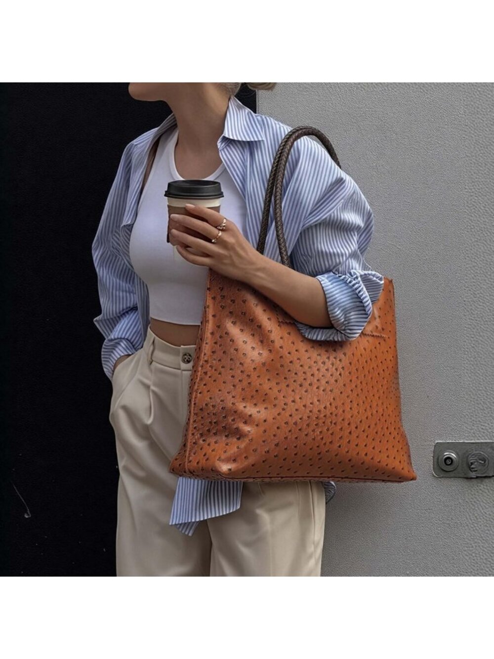 Stylish Large Tote Bag for Women - Ostrich Leather Shoulder Handbag with Pouch - Picture 2 of 7